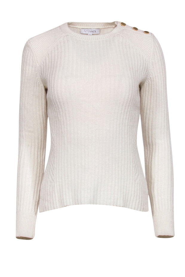 Current Boutique-Intermix - Ivory Ribbed Knit Wool Sweater w/ Gold-Toned Buttons Sz S