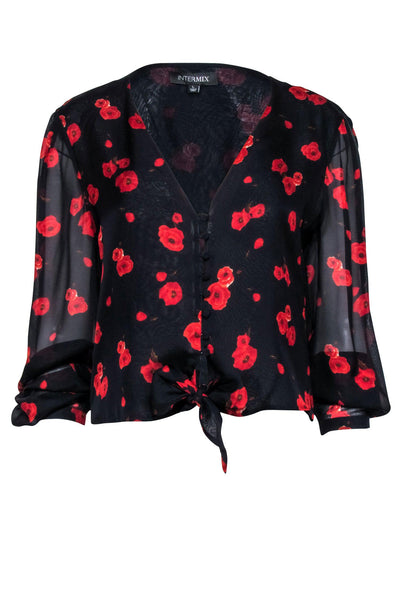 Current Boutique-Intermix - Navy % Red floral Print Long Sleeve Blouse Sz L