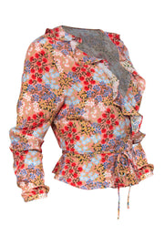 Current Boutique-Intermix - Pink Floral Print Long Sleeve Ruffle Silk Wrap Blouse Sz 6