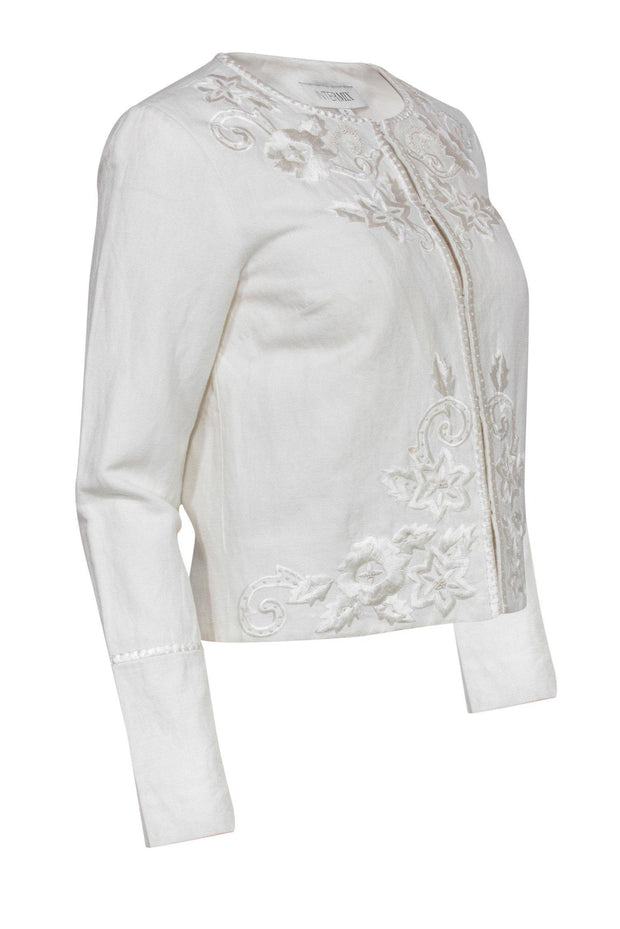Current Boutique-Intermix - White Linen Blend Floral Embroidered Jacket Sz P