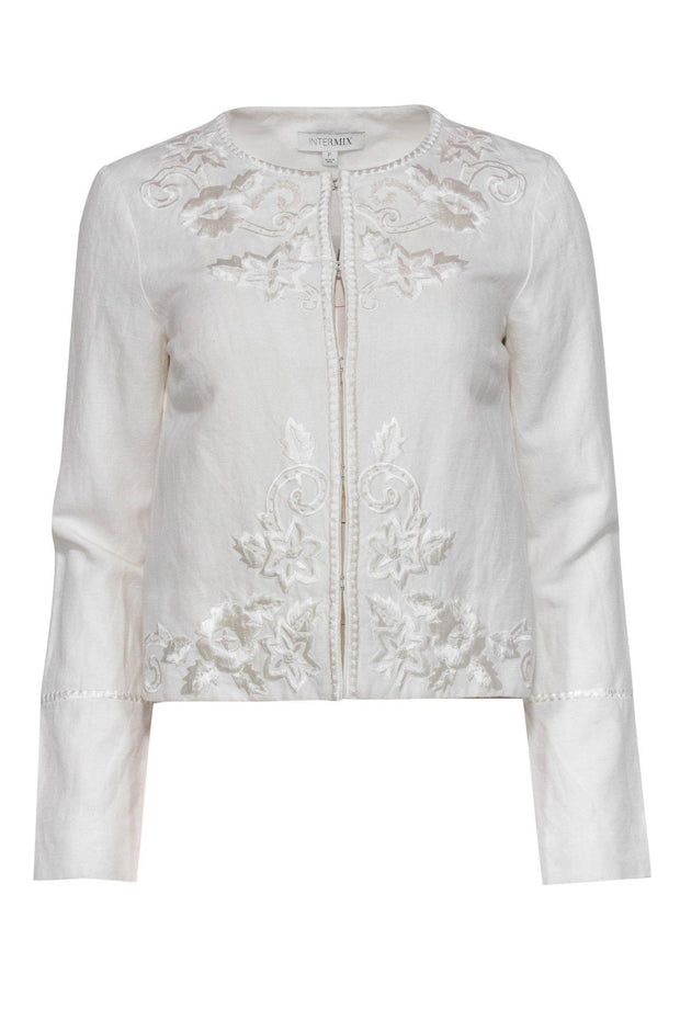 Current Boutique-Intermix - White Linen Blend Floral Embroidered Jacket Sz P