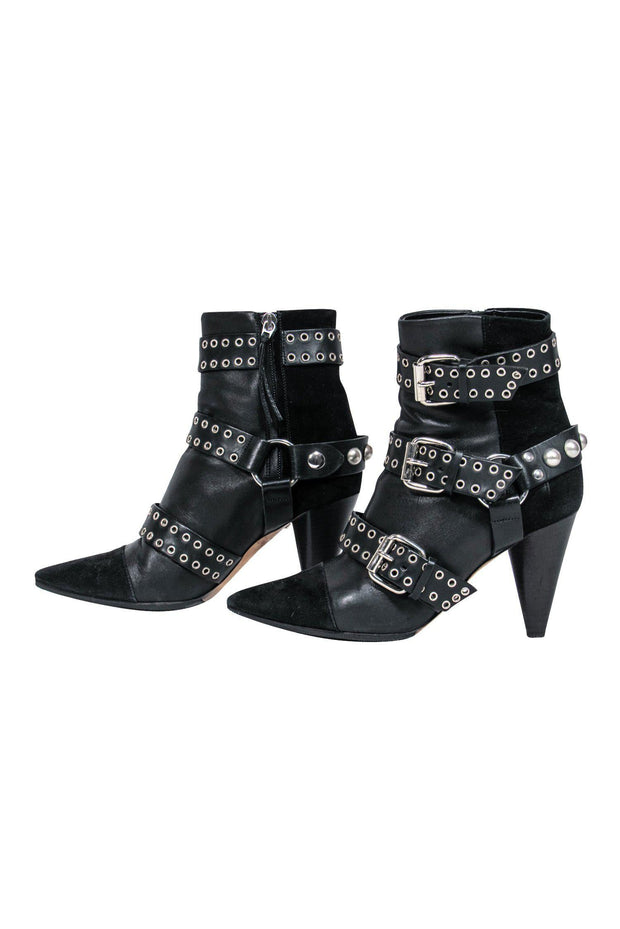 Current Boutique-Isabel Marant - Black Leather Heeled Buckled Booties w/ Suede Trim Sz 5.5