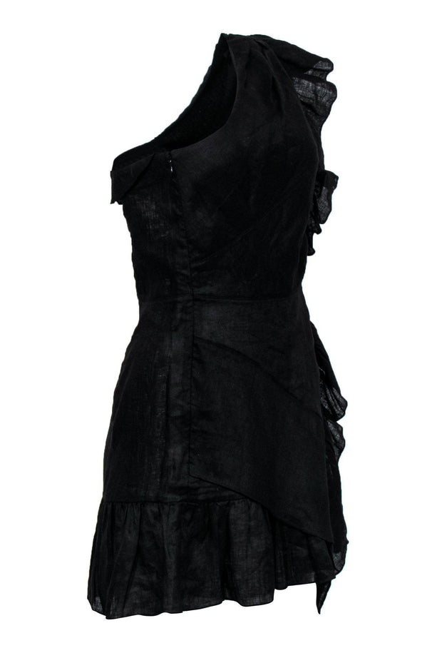 Current Boutique-Isabel Marant - Black Linen One Shoulder Ruffle Mini Dress Sz 8