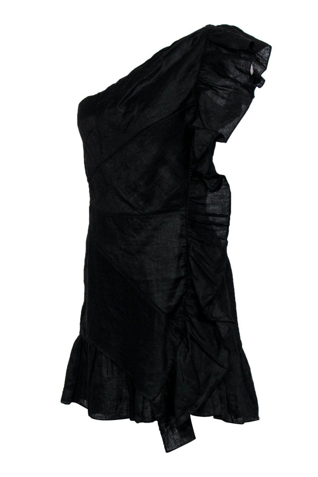 Current Boutique-Isabel Marant - Black Linen One Shoulder Ruffle Mini Dress Sz 8