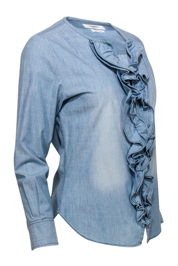 Current Boutique-Isabel Marant Etoile - Blue Chambray Long Sleeve Ruffle Zip-Up Blouse Sz 6