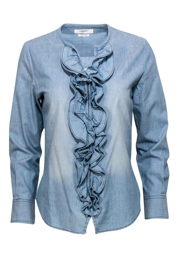 Current Boutique-Isabel Marant Etoile - Blue Chambray Long Sleeve Ruffle Zip-Up Blouse Sz 6