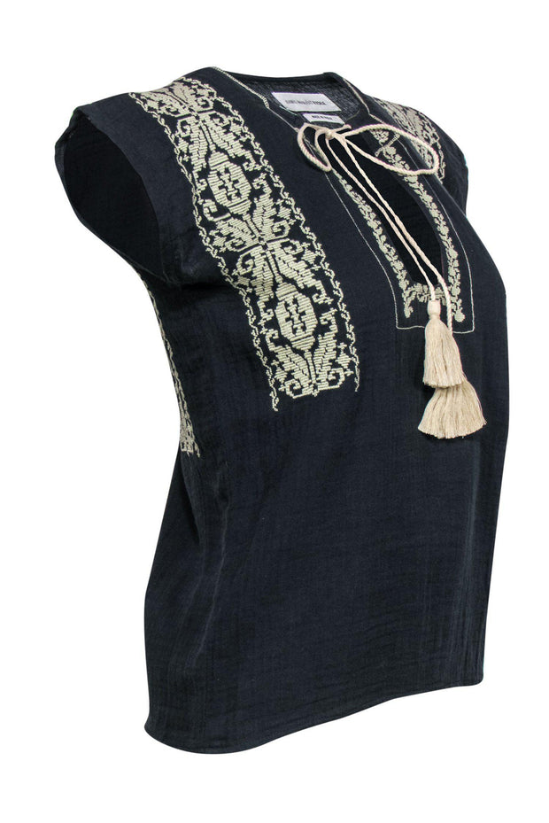 Current Boutique-Isabel Marant Etoile - Navy Embroidered Sleeveless Blouse w/ Braided Tassels Sz S