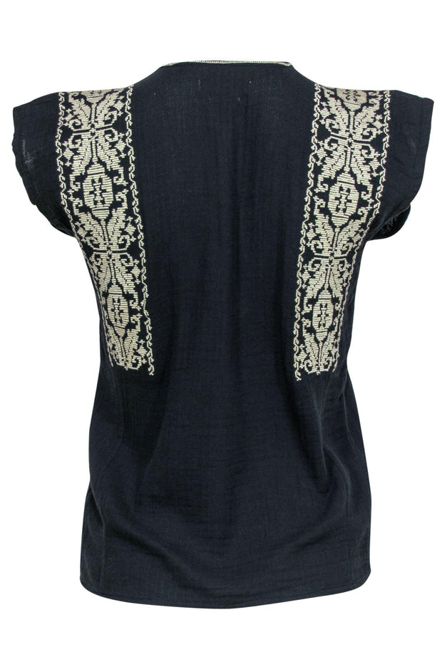 Current Boutique-Isabel Marant Etoile - Navy Embroidered Sleeveless Blouse w/ Braided Tassels Sz S