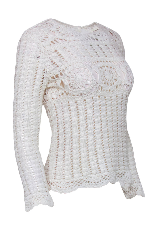 Current Boutique-Isabel Marant Etoile - White Linen Blend Long Sleeve Crochet Top Sz 4