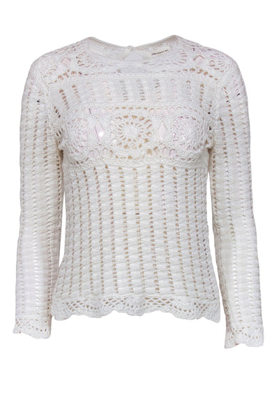 Current Boutique-Isabel Marant Etoile - White Linen Blend Long Sleeve Crochet Top Sz 4
