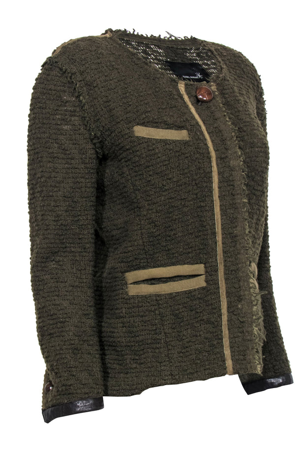 Current Boutique-Isabel Marant - Olive Green Textured Wool Blend Jacket w/ Frayed Edges Sz L