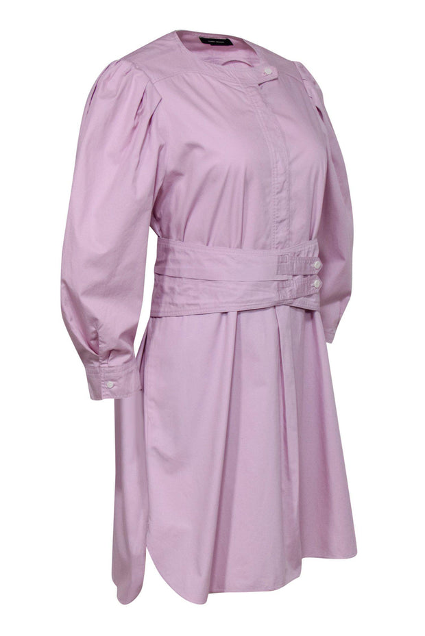 Current Boutique-Isabel Marant - Pink Puff Sleeve Half Button-Up Belted Shirt Dress Sz M