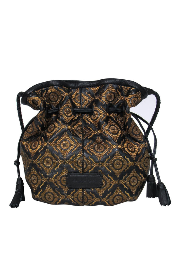 Current Boutique-Isabella Fiore - Black Leather & Gold Embroidered "Grace" Bucket Bag