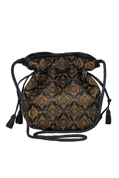 Current Boutique-Isabella Fiore - Black Leather & Gold Embroidered "Grace" Bucket Bag