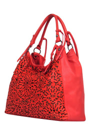 Current Boutique-Isabella Fiore - Bright Coral Leather Lasercut Floral Tote Bag