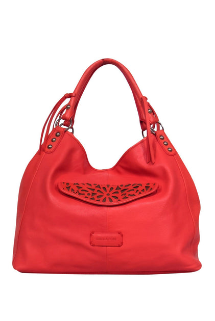 Isabella Fiore - Bright Coral Leather Lasercut Floral Tote Bag