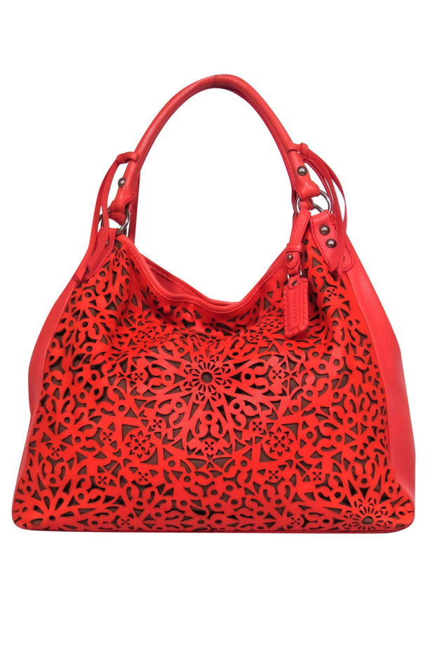 Current Boutique-Isabella Fiore - Bright Coral Leather Lasercut Floral Tote Bag