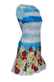 Current Boutique-Isolda - Blue Striped Sheath Dress w/ Flared Floral Hem Sz 6