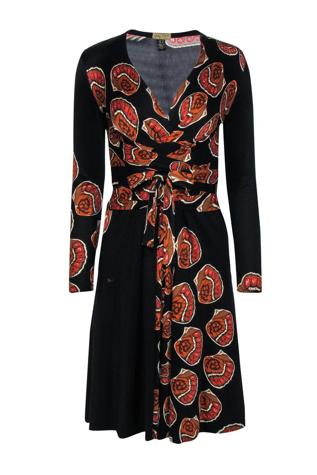 Current Boutique-Issa London - Black & Sienna Monarch Print Silk Knee Length 'Kate' Wrap Dress Sz 6