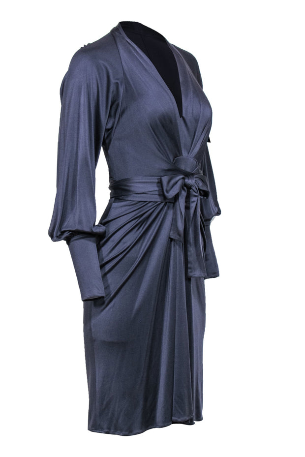 Current Boutique-Issa London - Blue Silk Long Sleeve Tie Front Midi Dress Sz 4
