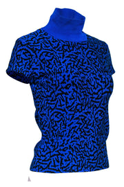 Current Boutique-Issa London - Cobalt Blue & Black Printed Short Sleeve Turtleneck Sweater Sz XS