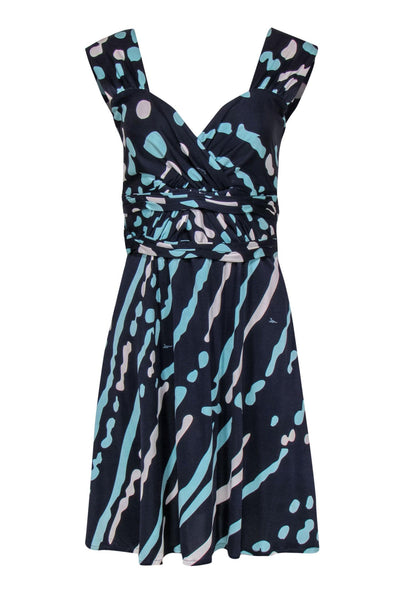 Current Boutique-Issa London - Navy, Mint & White Patterned Dress w/ Ruched Waist Sz 6