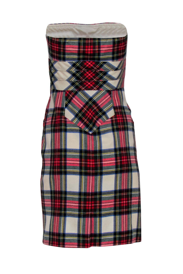 Current Boutique-Ivy for Intermix - Cream & Multicolored Plaid Strapless Wool Sheath Dress Sz 4