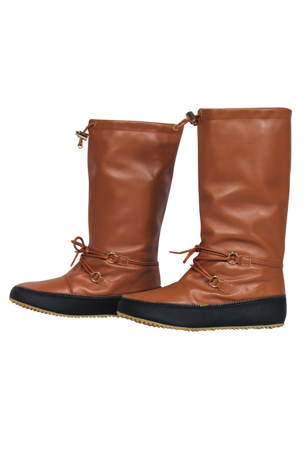 Current Boutique-JW Anderson - Brown & Black Leather Calf High Snow-Style Boots w/ Tie & Zipper Trim Sz 8