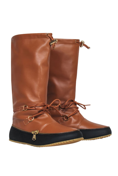 Current Boutique-JW Anderson - Brown & Black Leather Calf High Snow-Style Boots w/ Tie & Zipper Trim Sz 8