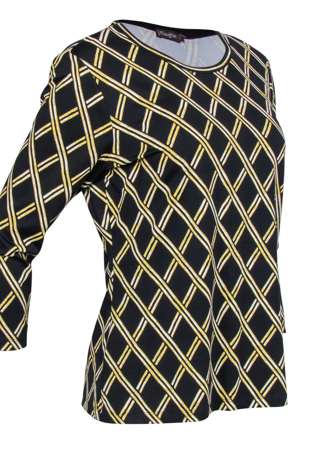 Current Boutique-J. McLaughlin - Black & Gold Lattice Print Three-Quarter Sleeve Top Sz L