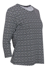 Current Boutique-J. McLaughlin - Black, White & Gray Geometric Printed Three-Quarter Sleeve Top Sz L