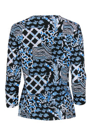 Current Boutique-J. McLaughlin - Blue, Black & White Coral Patchwork Print Quarter Sleeve Top Sz L