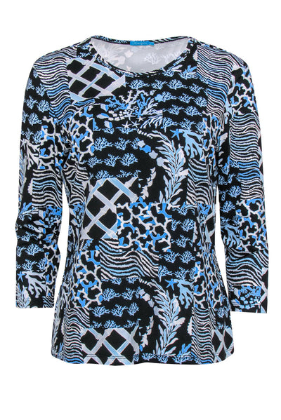 Current Boutique-J. McLaughlin - Blue, Black & White Coral Patchwork Print Quarter Sleeve Top Sz L
