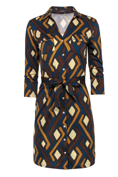 Current Boutique-J. McLaughlin - Dark Blue, Brown & Tan Printed Button-Up Belted Shirt Dress Sz XS
