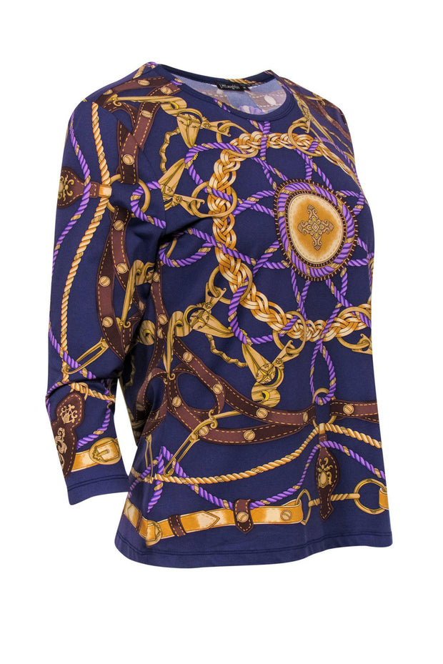 Current Boutique-J. McLaughlin - Purple & Gold Chain & Rope Print Long Sleeve Blouse Sz M