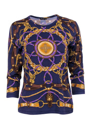Current Boutique-J. McLaughlin - Purple & Gold Chain & Rope Print Long Sleeve Blouse Sz M