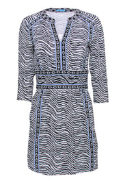 Current Boutique-J. McLaughlin - White, Black & Blue Zebra Print Sheath Dress w/ Printed Trim Sz XS
