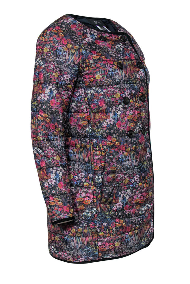 Current Boutique-J.Crew - Black & Multicolored Floral Print Double Breasted Longline Quilted Jacket Sz XS