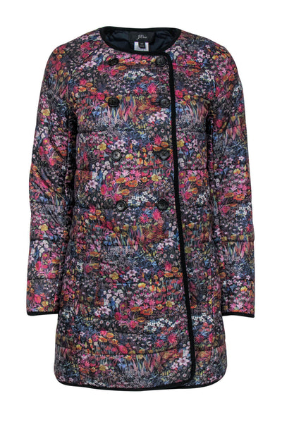 Current Boutique-J.Crew - Black & Multicolored Floral Print Double Breasted Longline Quilted Jacket Sz XS