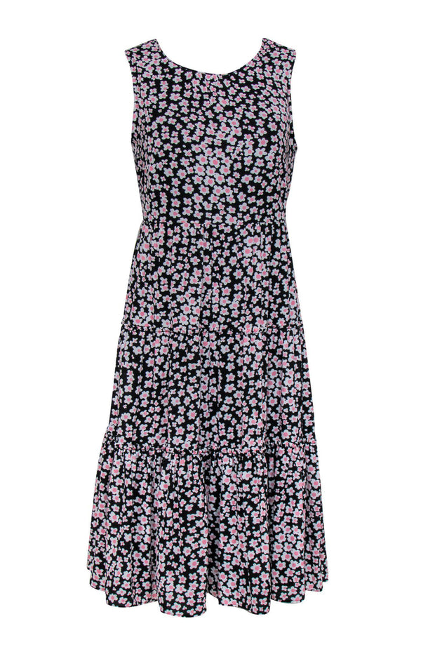 Current Boutique-J.Crew - Black & Pink Floral Print Sleeveless Tiered Babydoll Dress Sz PM