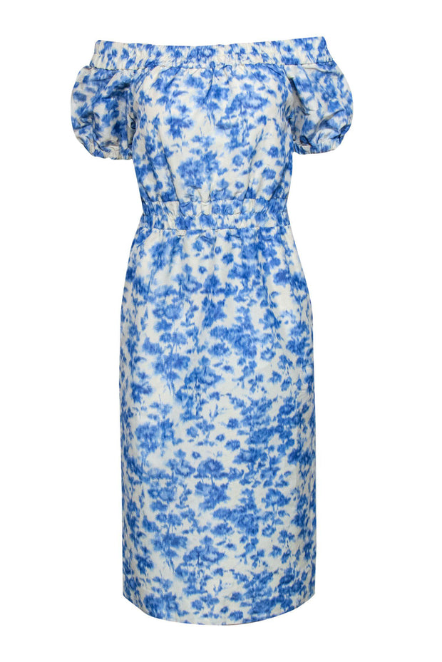 Current Boutique-J.Crew - Blue & White Watercolor Print Off-the-Shoulder Midi Dress Sz 0