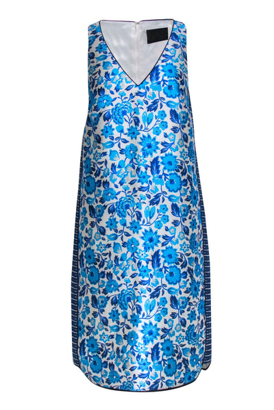 Current Boutique-J.Crew Collection - Aqua & Cobalt Floral Motif Silk & Cotton Shift Dress Sz 6