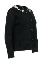 Current Boutique-J.Crew Collection - Black Button-Up Wool Jacket w/ Leopard Print Calf Hair Collar Sz M