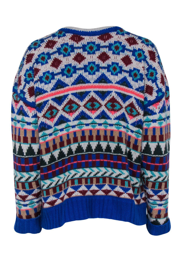 Current Boutique-J.Crew Collection - Blue & Multicolored Printed Knit Cashmere Sweater Sz S