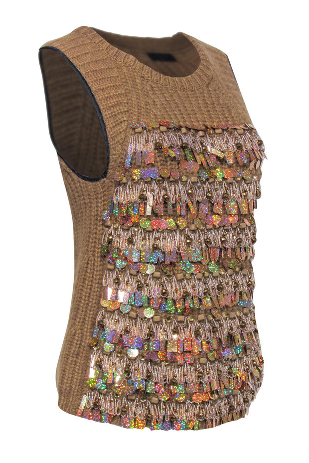 Current Boutique-J.Crew Collection - Brown Sleeveless Chunky Knit Sweater w/ Beads & Sequins Sz S