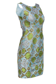 Current Boutique-J.Crew Collection - Light Blue, Green, & Metallic Print Sheath Dress Sz 000