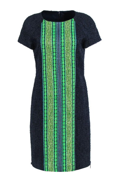 Current Boutique-J.Crew Collection - Navy Tweed Dress w/ Bright Green & Blue Design Sz 6