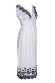 Current Boutique-J.Crew Collection - White Linen Midi Dress w/ Navy Embroidery & V-Neckline Sz 2