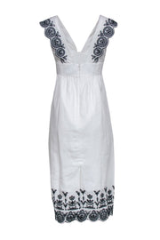 Current Boutique-J.Crew Collection - White Linen Midi Dress w/ Navy Embroidery & V-Neckline Sz 2