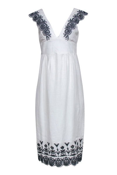 Current Boutique-J.Crew Collection - White Linen Midi Dress w/ Navy Embroidery & V-Neckline Sz 2
